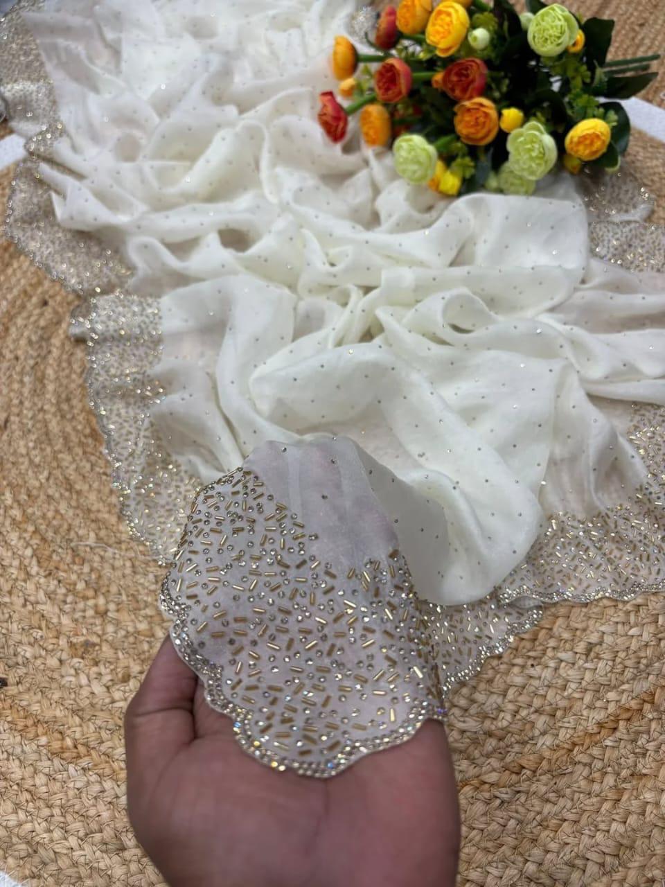 Fendi Space Silk Saree with All-Over Jarkan Work