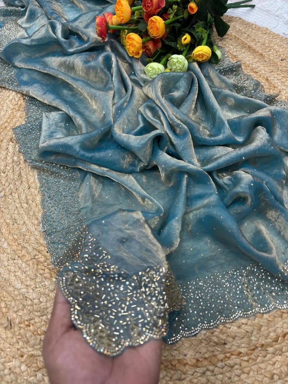 Fendi Space Silk Saree with All-Over Jarkan Work